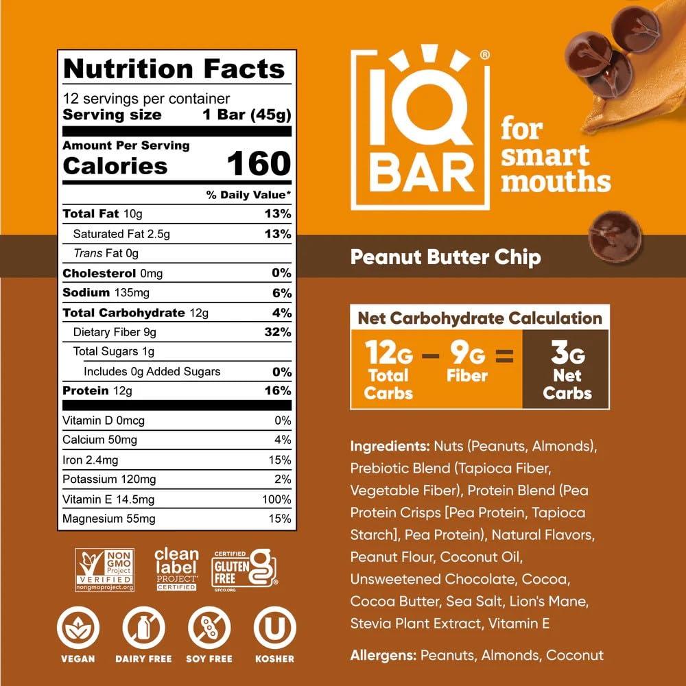 image:imageIQBAR Brain and Body Keto Protein Bars Peanut Butter Chip Keto 4 Count Energy Low Carb Protein High Fiber Vegan and Low Sugar Meal Replacement Vegan Snack