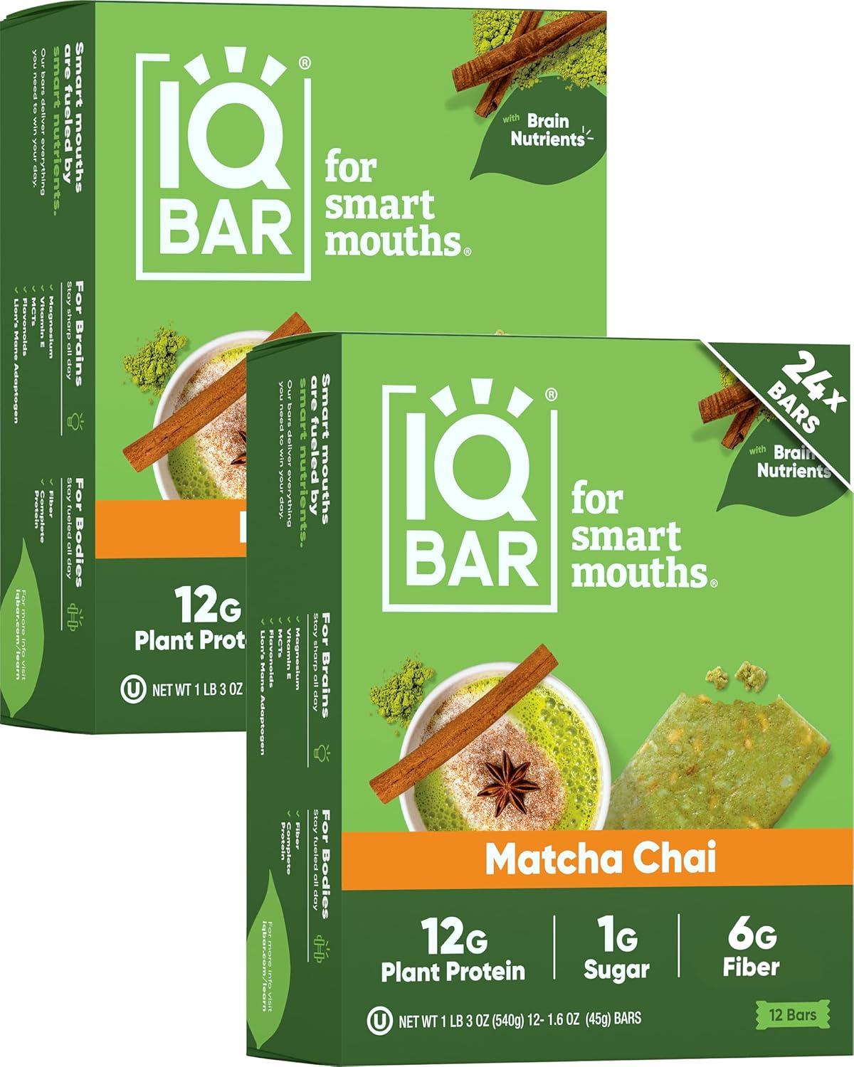 image:imageIQBAR Clean Plant Protein Bars Chocolate Mint Chip 12 Count Keto Vegan High Fiber Gluten and Dairy Free Low Sugar Snack Brain and Body Nutrients for Focus Energy Meal ReplacementMatcha Chai