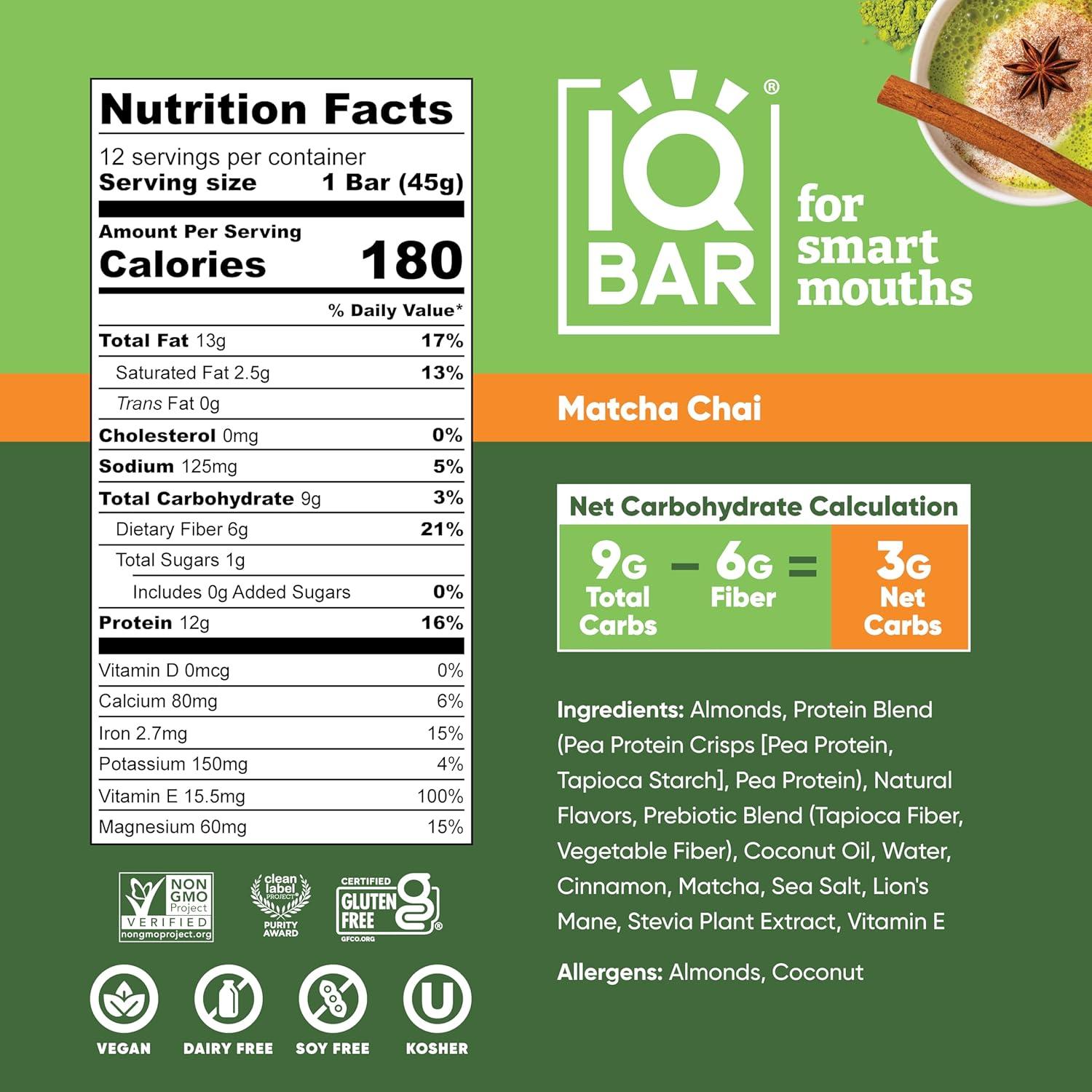 image:imageIQBAR Clean Plant Protein Bars Chocolate Mint Chip 12 Count Keto Vegan High Fiber Gluten and Dairy Free Low Sugar Snack Brain and Body Nutrients for Focus Energy Meal ReplacementMatcha Chai