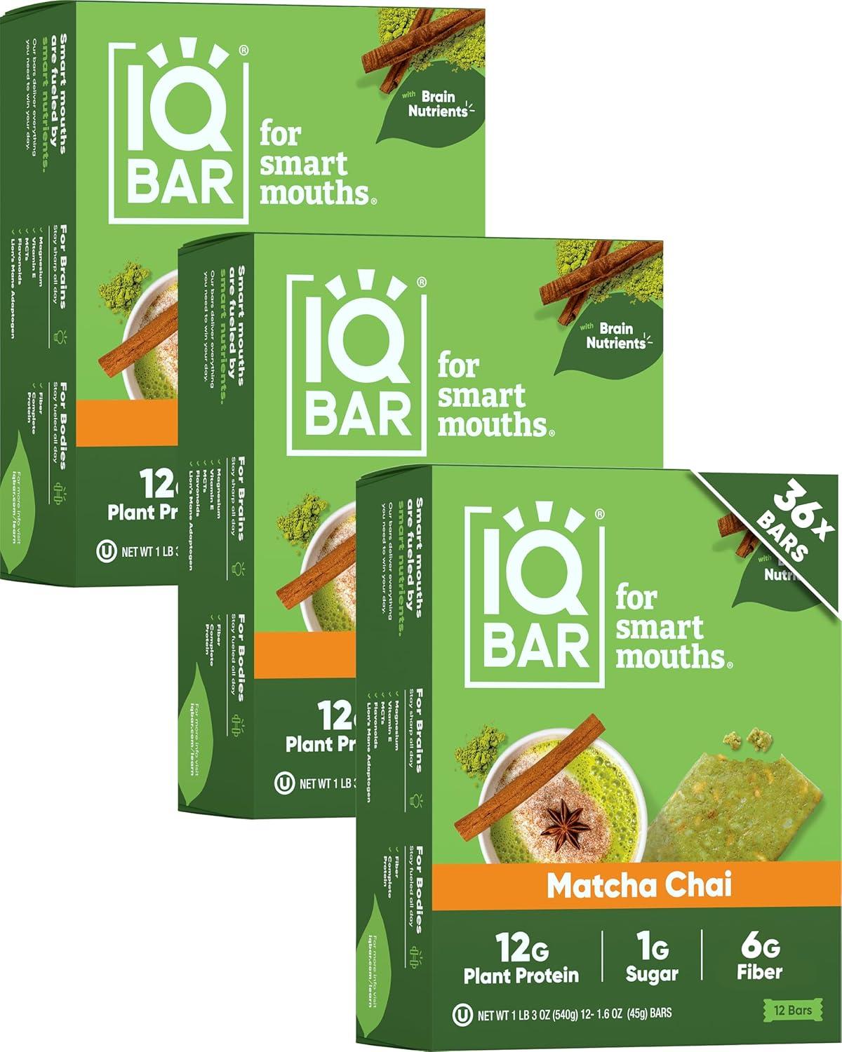 image:imageIQBAR Clean Plant Protein Bars Chocolate Mint Chip 12 Count Keto Vegan High Fiber Gluten and Dairy Free Low Sugar Snack Brain and Body Nutrients for Focus Energy Meal ReplacementMatcha Chai