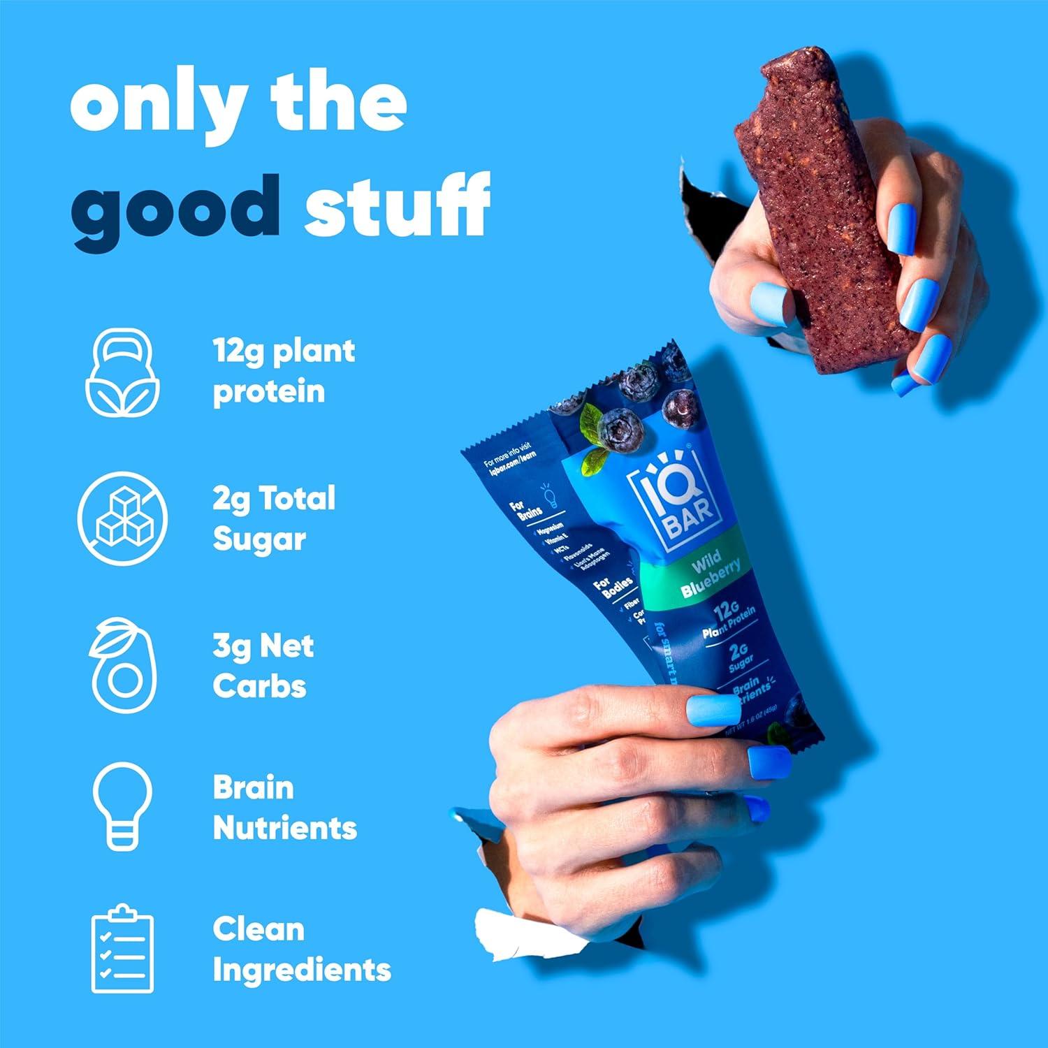 image:imageIQBAR Clean Plant Protein Bars Chocolate Mint Chip 12 Count Keto Vegan High Fiber Gluten and Dairy Free Low Sugar Snack Brain and Body Nutrients for Focus Energy Meal ReplacementWild Blueberry