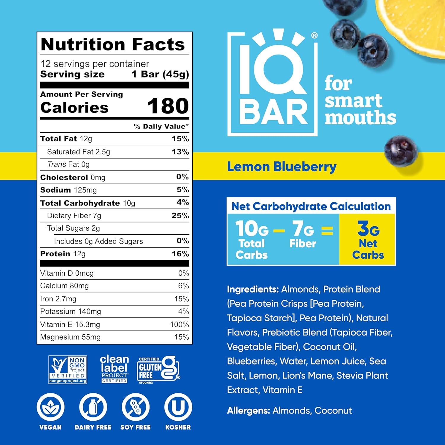 image:imageIQBAR Clean Plant Protein Bars Chocolate Mint Chip 12 Count Keto Vegan High Fiber Gluten and Dairy Free Low Sugar Snack Brain and Body Nutrients for Focus Energy Meal ReplacementLemon Blueberry