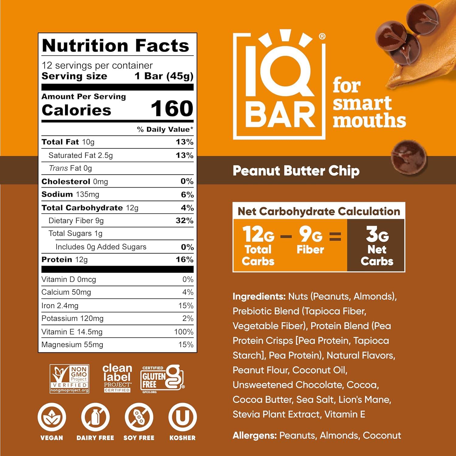 image:imageIQBAR Clean Plant Protein Bars Chocolate Mint Chip 12 Count Keto Vegan High Fiber Gluten and Dairy Free Low Sugar Snack Brain and Body Nutrients for Focus Energy Meal ReplacementPeanut Butter Chip