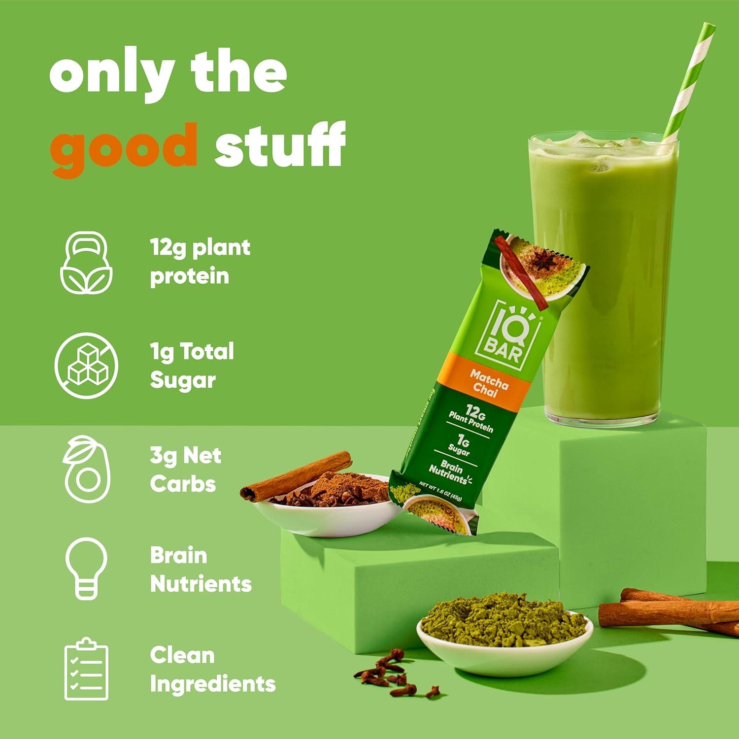 image:imageIQBAR Clean Plant Protein Bars Chocolate Mint Chip 12 Count Keto Vegan High Fiber Gluten and Dairy Free Low Sugar Snack Brain and Body Nutrients for Focus Energy Meal ReplacementMatcha Chai