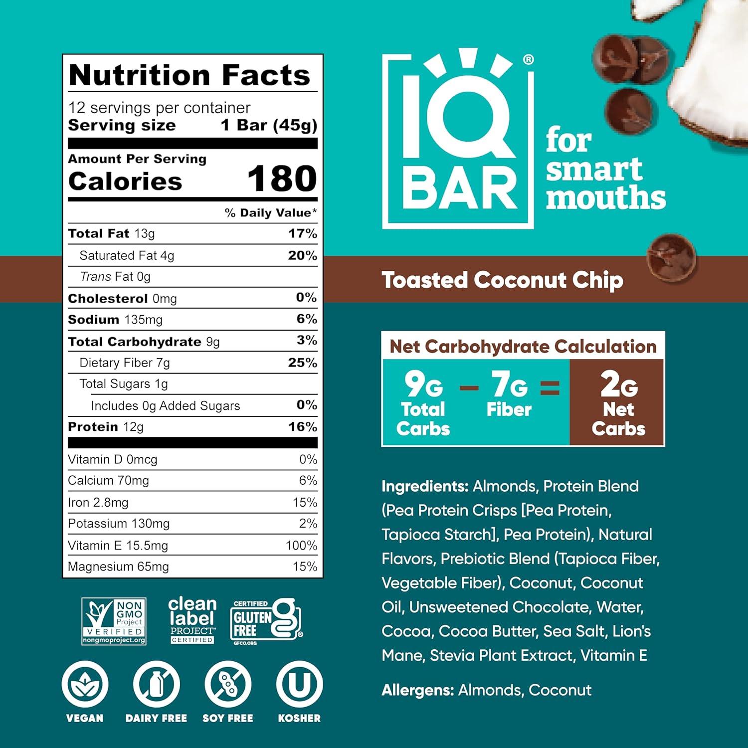 image:imageIQBAR Clean Plant Protein Bars Chocolate Mint Chip 12 Count Keto Vegan High Fiber Gluten and Dairy Free Low Sugar Snack Brain and Body Nutrients for Focus Energy Meal ReplacementToasted Coconut Chip