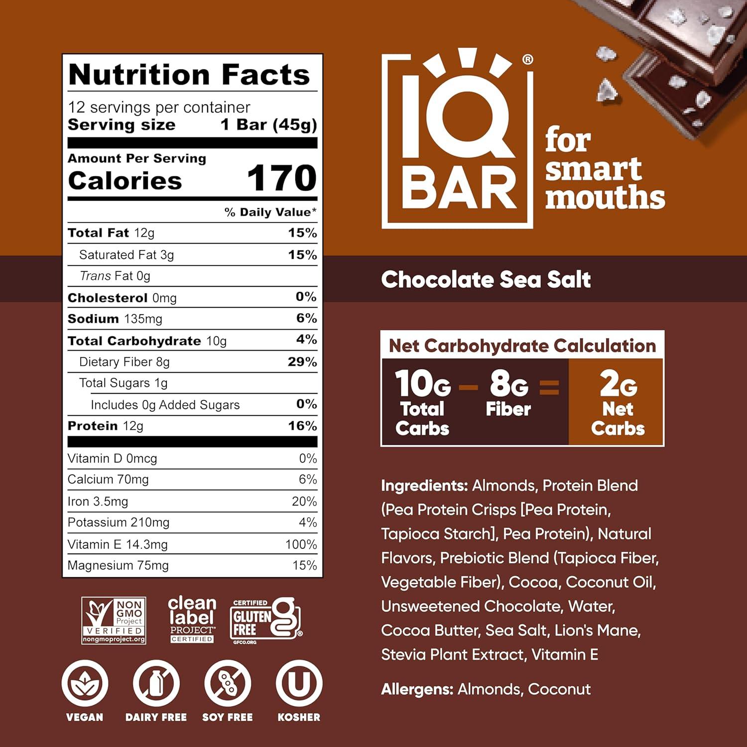 image:imageIQBAR Clean Plant Protein Bars Chocolate Mint Chip 12 Count Keto Vegan High Fiber Gluten and Dairy Free Low Sugar Snack Brain and Body Nutrients for Focus Energy Meal ReplacementChocolate Sea Salt