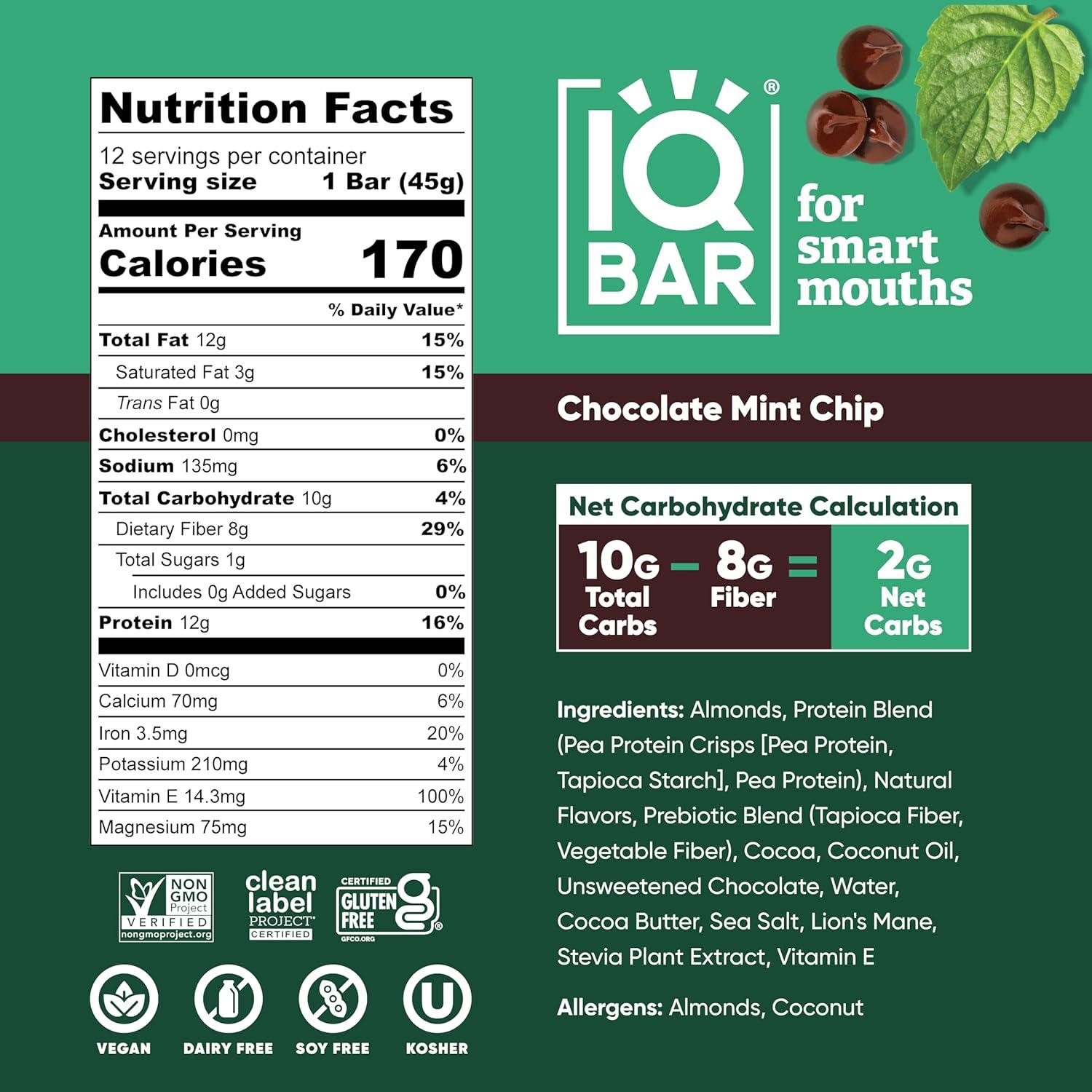 image:imageIQBAR Clean Plant Protein Bars Chocolate Mint Chip 12 Count Keto Vegan High Fiber Gluten and Dairy Free Low Sugar Snack Brain and Body Nutrients for Focus Energy Meal ReplacementChocolate Mint Chip