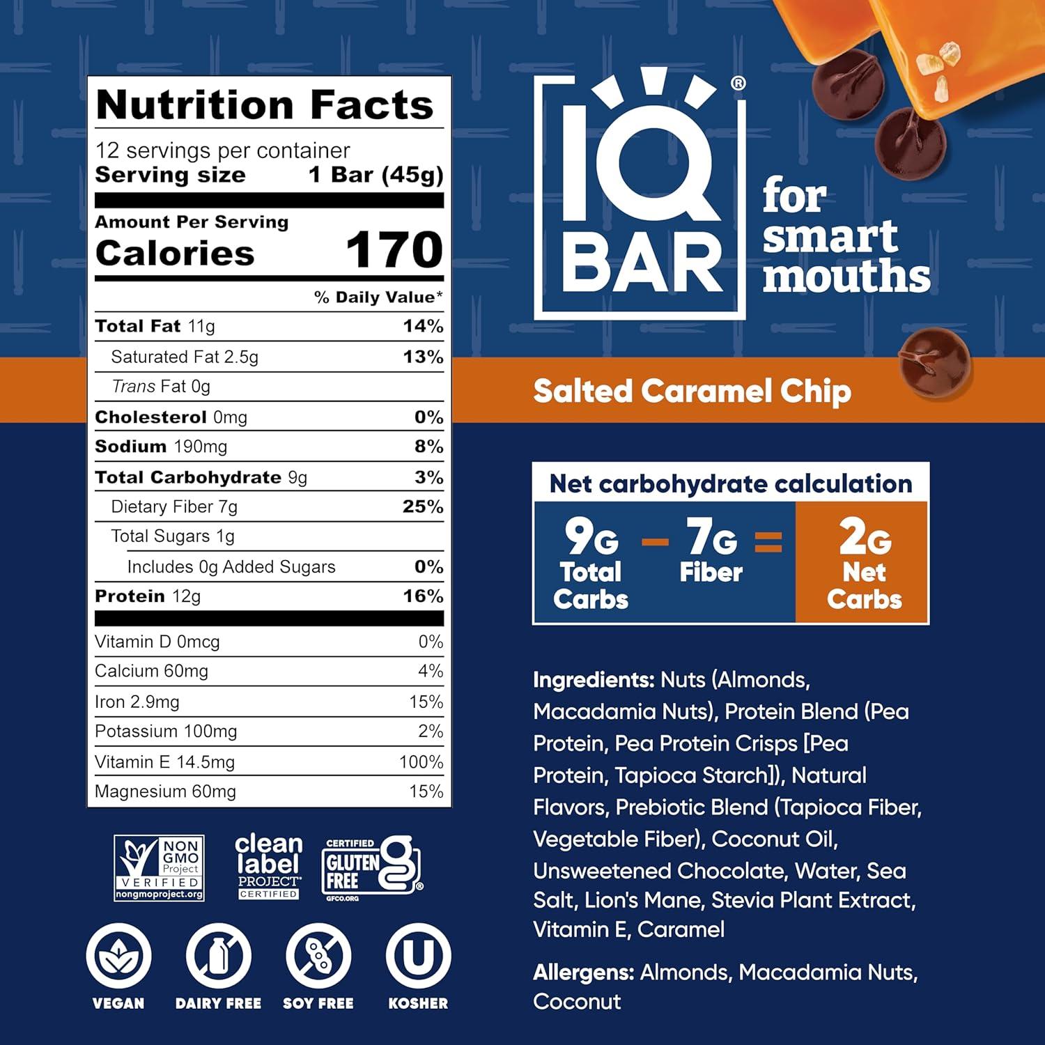 image:imageIQBAR Clean Plant Protein Bars Chocolate Mint Chip 12 Count Keto Vegan High Fiber Gluten and Dairy Free Low Sugar Snack Brain and Body Nutrients for Focus Energy Meal ReplacementSalted Caramel Chip