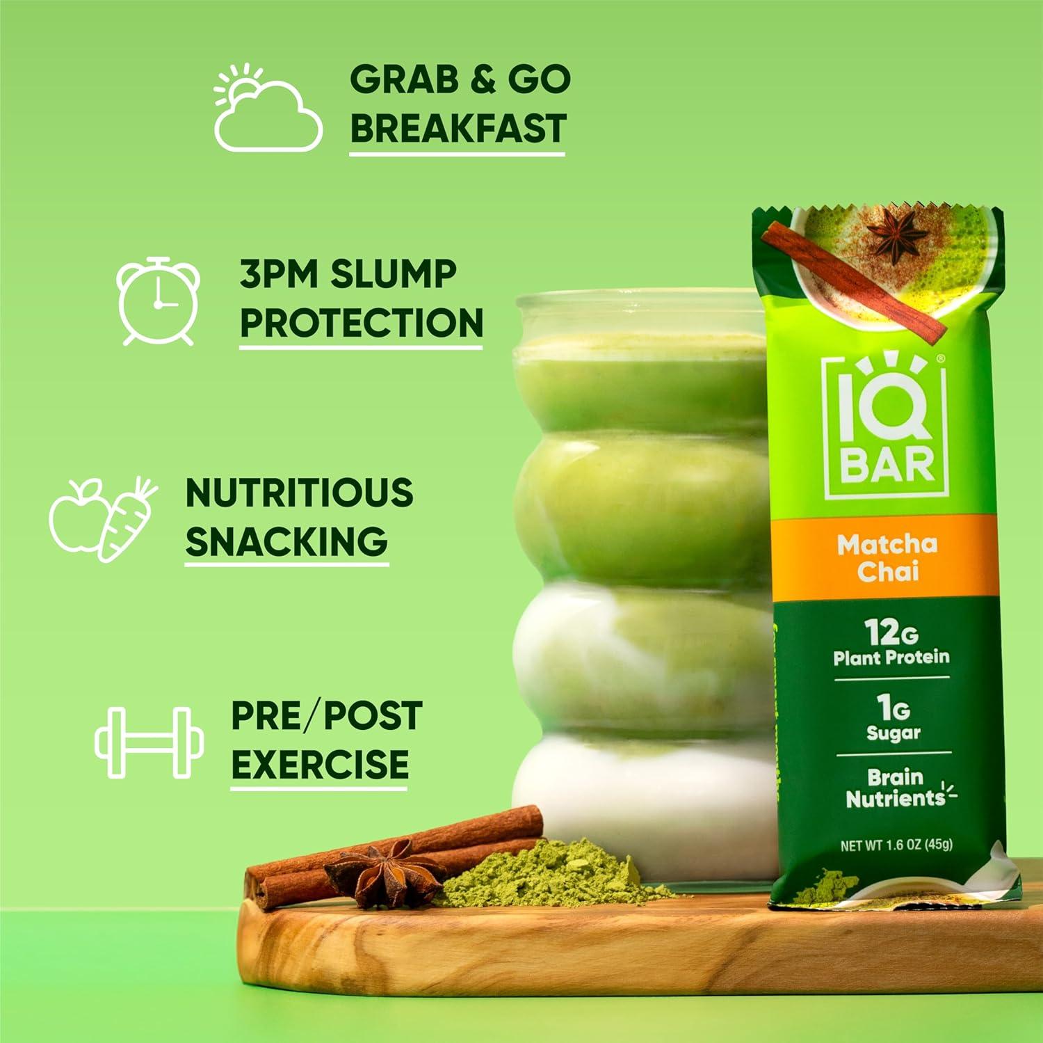 image:imageIQBAR Clean Plant Protein Bars Chocolate Mint Chip 12 Count Keto Vegan High Fiber Gluten and Dairy Free Low Sugar Snack Brain and Body Nutrients for Focus Energy Meal ReplacementMatcha Chai