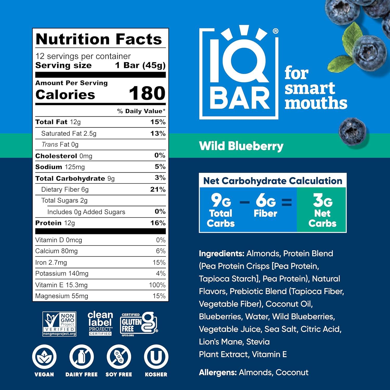 image:imageIQBAR Clean Plant Protein Bars Chocolate Mint Chip 12 Count Keto Vegan High Fiber Gluten and Dairy Free Low Sugar Snack Brain and Body Nutrients for Focus Energy Meal ReplacementWild Blueberry