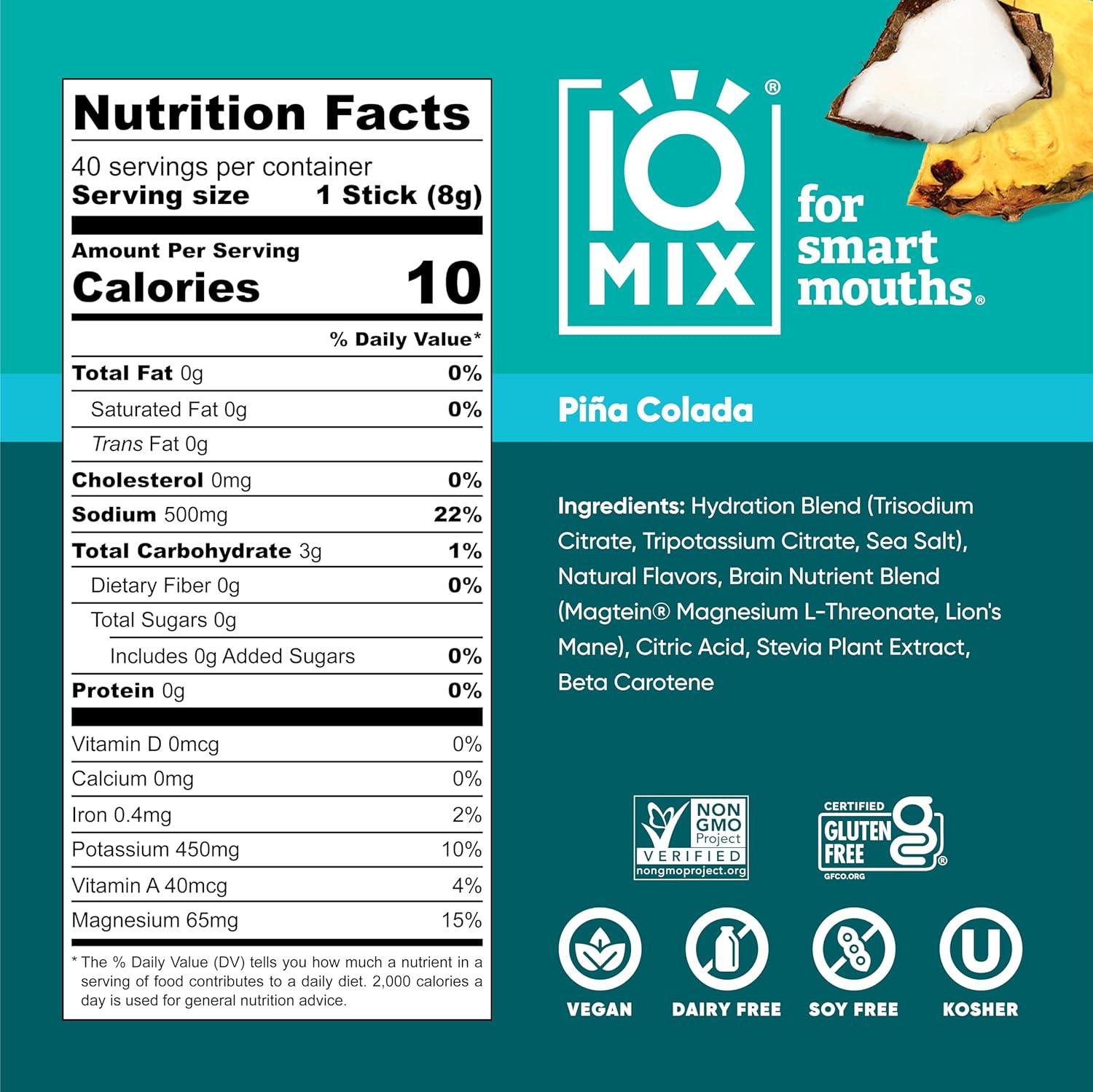 image:imageIQMIX Hydration Electrolyte Powder 4in1 Formula for Hydration Mental Clarity Mood and Recovery SugarFree Drink Mix Keto Magnesium LThreonate Lions Mane 40 Count Pia ColadaPia Colada