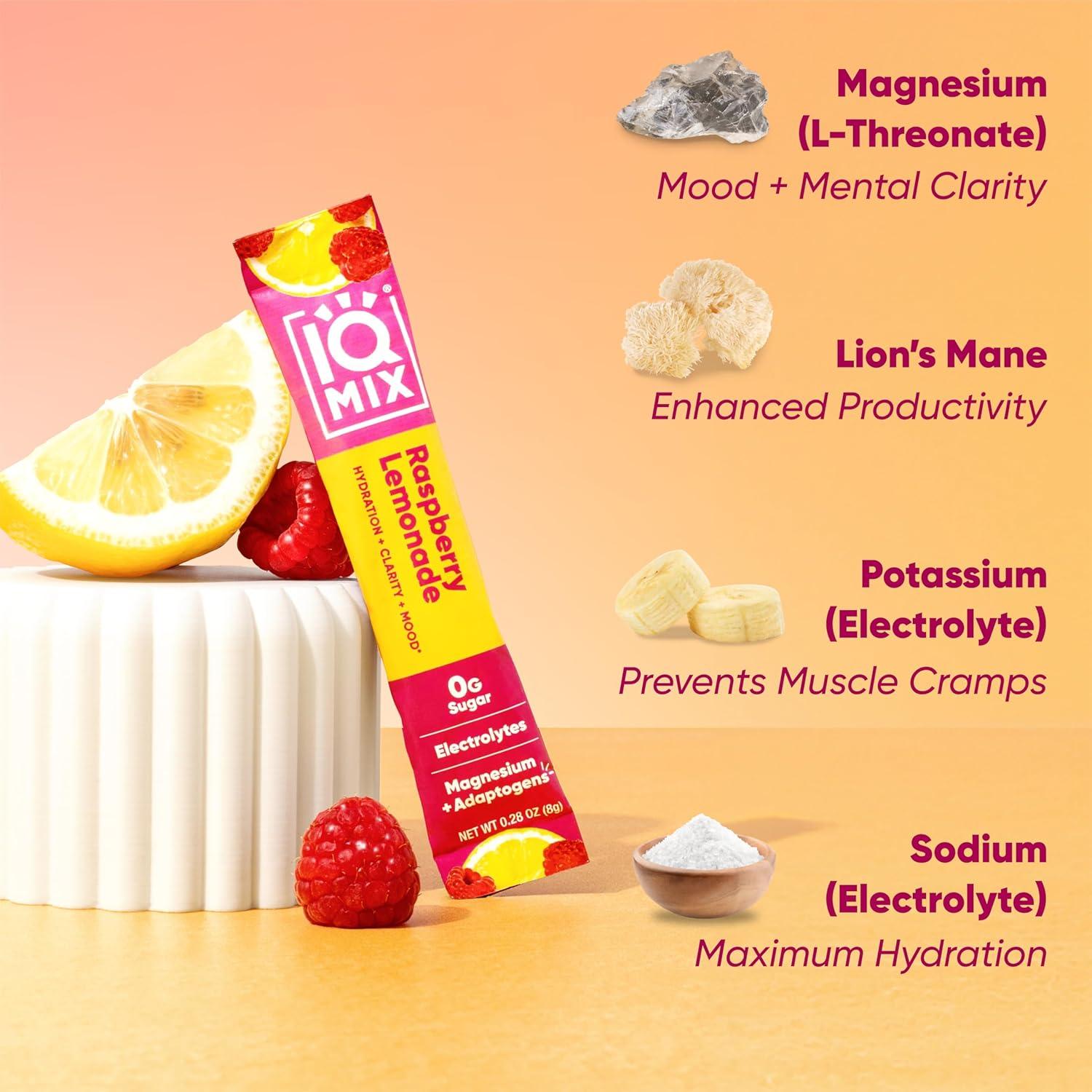 image:imageIQMIX Hydration Electrolyte Powder 4in1 Formula for Hydration Mental Clarity Mood and Recovery SugarFree Drink Mix Keto Magnesium LThreonate Lions Mane 40 Count Pia ColadaRaspberry Lemonade