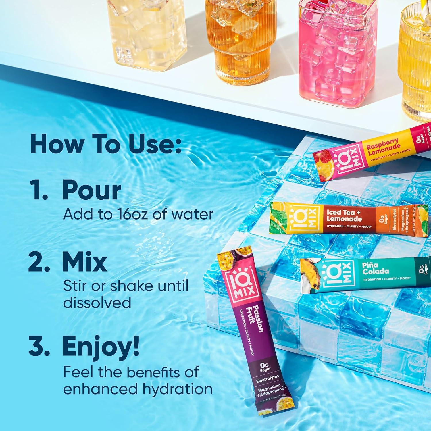 image:imageIQMIX Hydration Electrolyte Powder 4in1 Formula for Hydration Mental Clarity Mood and Recovery SugarFree Drink Mix Keto Magnesium LThreonate Lions Mane 40 Count Pia ColadaVacation Variety