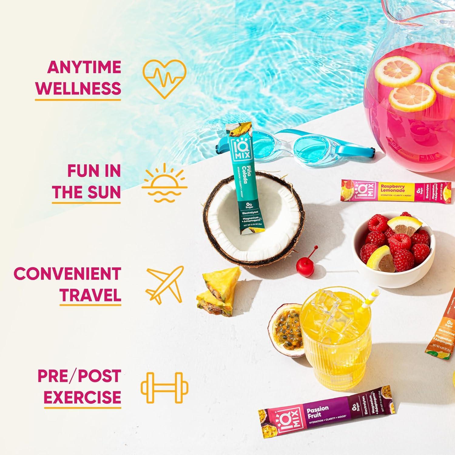 image:imageIQMIX Hydration Electrolyte Powder 4in1 Formula for Hydration Mental Clarity Mood and Recovery SugarFree Drink Mix Keto Magnesium LThreonate Lions Mane 40 Count Pia ColadaVacation Variety