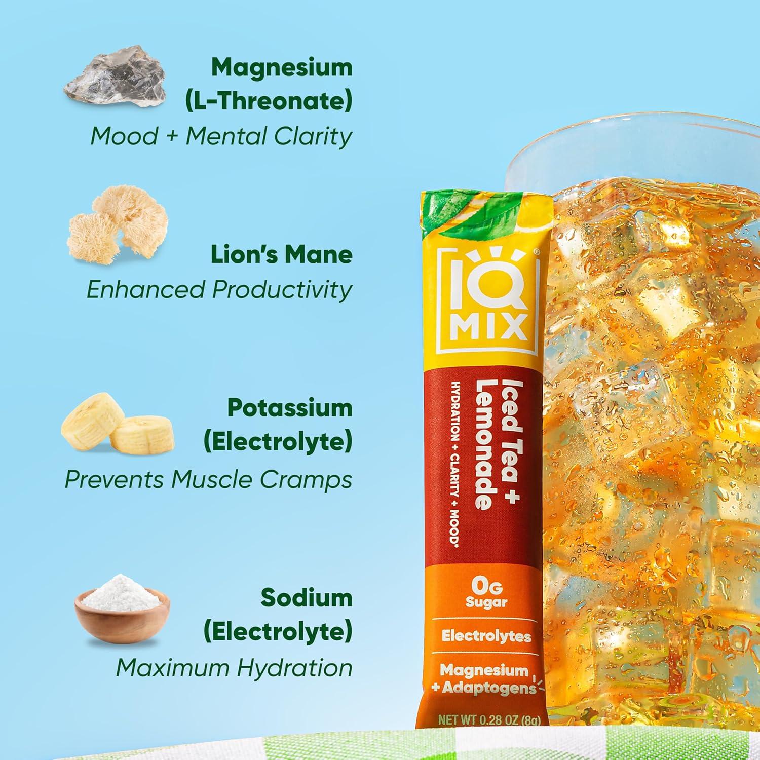 image:imageIQMIX Hydration Electrolyte Powder 4in1 Formula for Hydration Mental Clarity Mood and Recovery SugarFree Drink Mix Keto Magnesium LThreonate Lions Mane 40 Count Pia ColadaIced Tea Lemonade