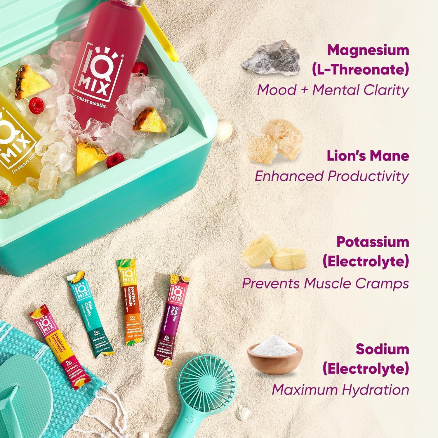 image:imageIQMIX Hydration Electrolyte Powder 4in1 Formula for Hydration Mental Clarity Mood and Recovery SugarFree Drink Mix Keto Magnesium LThreonate Lions Mane 40 Count Pia ColadaVacation Variety