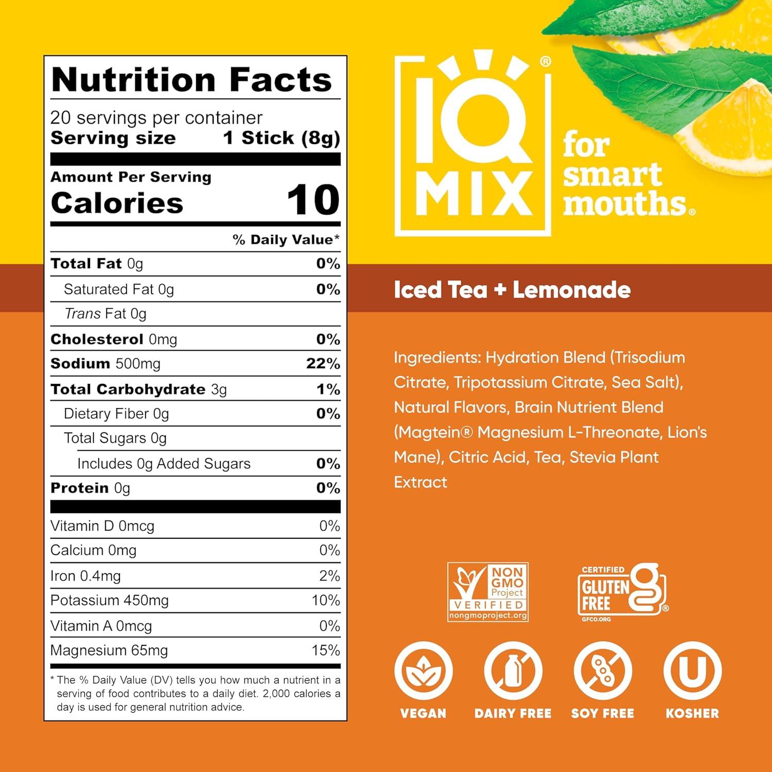 image:imageIQMIX Hydration Electrolyte Powder 4in1 Formula for Hydration Mental Clarity Mood and Recovery SugarFree Drink Mix Keto Magnesium LThreonate Lions Mane 40 Count Pia ColadaIced Tea Lemonade