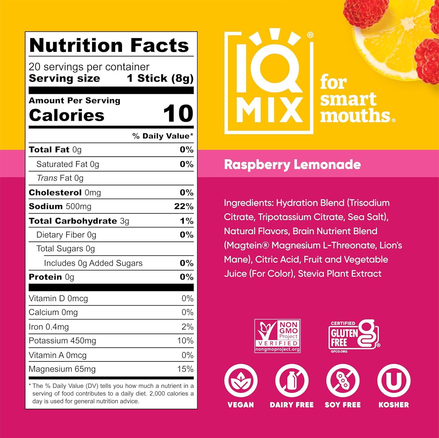image:imageIQMIX Hydration Electrolyte Powder 4in1 Formula for Hydration Mental Clarity Mood and Recovery SugarFree Drink Mix Keto Magnesium LThreonate Lions Mane 40 Count Pia ColadaRaspberry Lemonade