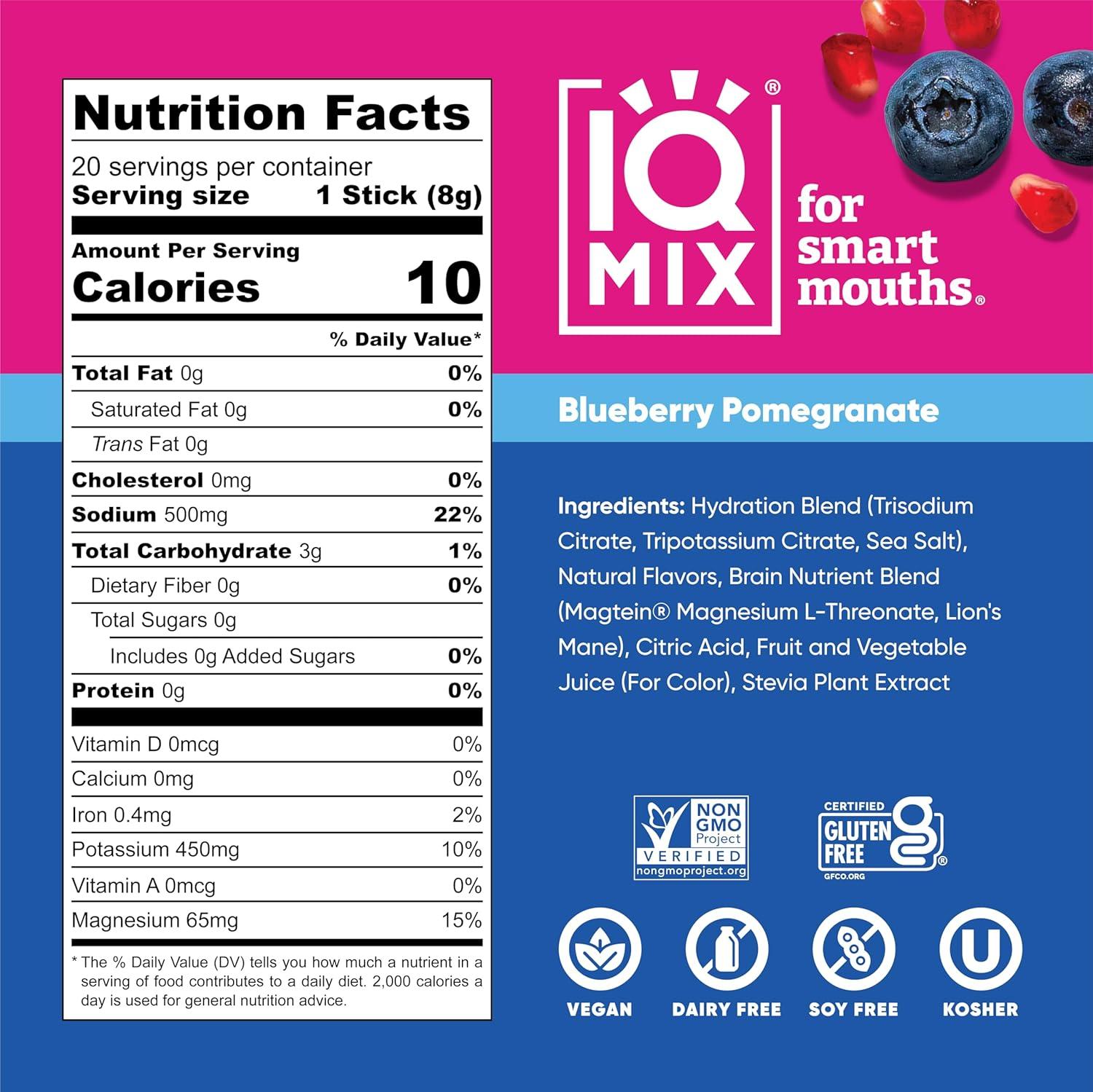 image:imageIQMIX Hydration Electrolyte Powder 4in1 Formula for Hydration Mental Clarity Mood and Recovery SugarFree Drink Mix Keto Magnesium LThreonate Lions Mane 40 Count Pia ColadaBlueberry Pomegranate