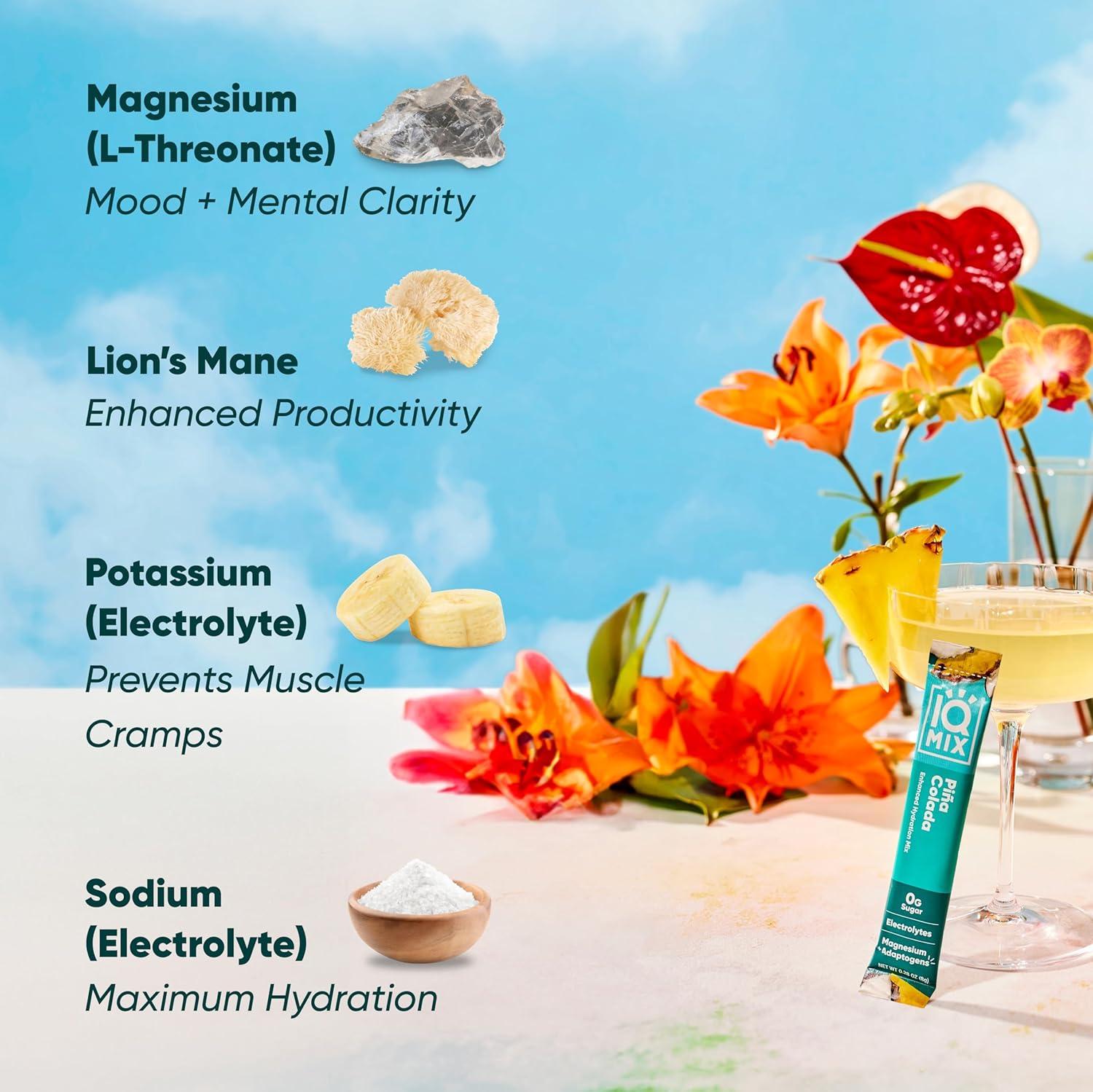 image:imageIQMIX Hydration Electrolyte Powder 4in1 Formula for Hydration Mental Clarity Mood and Recovery SugarFree Drink Mix Keto Magnesium LThreonate Lions Mane 40 Count Pia ColadaPia Colada