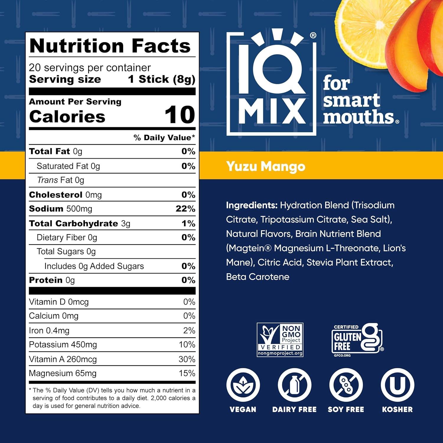 image:imageIQMIX Hydration Electrolyte Powder 4in1 Formula for Hydration Mental Clarity Mood and Recovery SugarFree Drink Mix Keto Magnesium LThreonate Lions Mane 40 Count Pia ColadaYuzu Mango