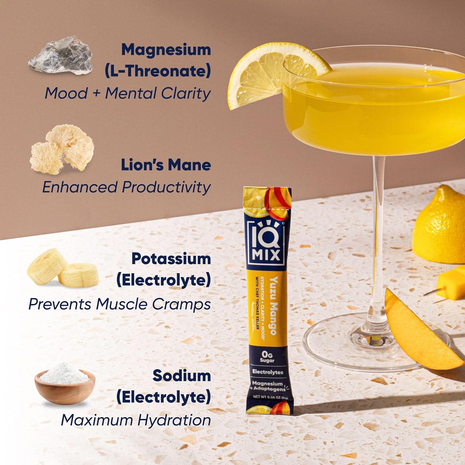 image:imageIQMIX Hydration Electrolyte Powder 4in1 Formula for Hydration Mental Clarity Mood and Recovery SugarFree Drink Mix Keto Magnesium LThreonate Lions Mane 40 Count Pia ColadaYuzu Mango