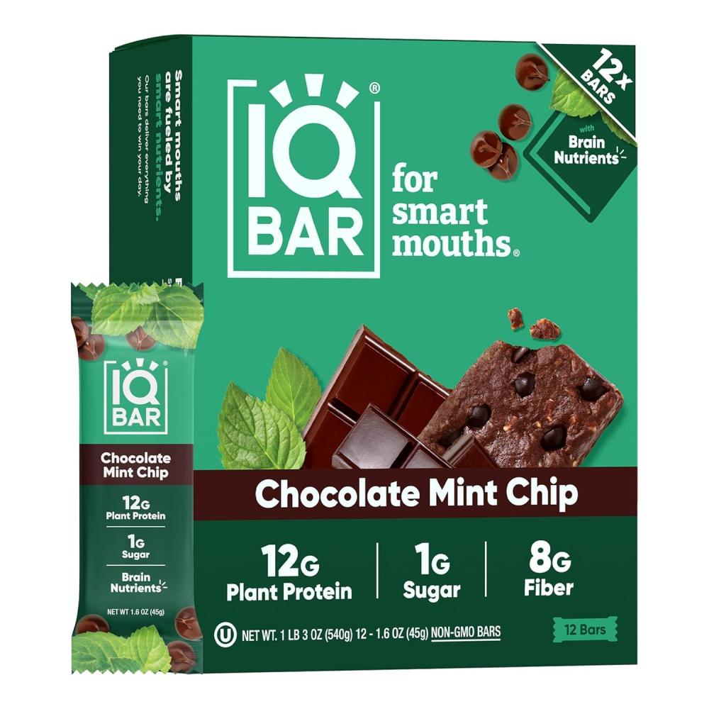 image:imageIQBAR Clean Plant Protein Bars Chocolate Mint Chip 12 Count Keto Vegan High Fiber Gluten and Dairy Free Low Sugar Snack Brain and Body Nutrients for Focus Energy Meal ReplacementChocolate Mint Chip