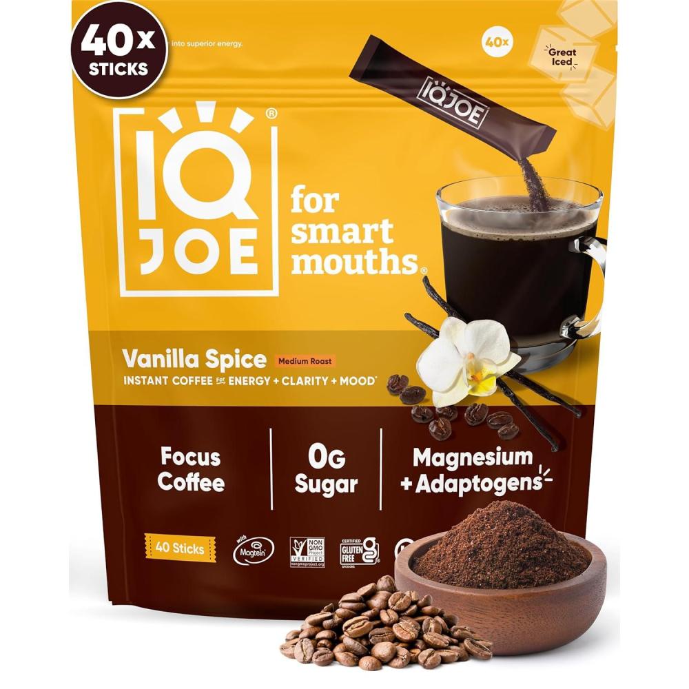 image:imageIQJOE Mushroom Coffee Packets Vanilla Spice 40 Stick Packs Lions Mane Magnesium LThreonate Adaptogens Instant Coffee for JitterFree Focus Clarity amp Energy Keto Vegan Zero SugarVanilla