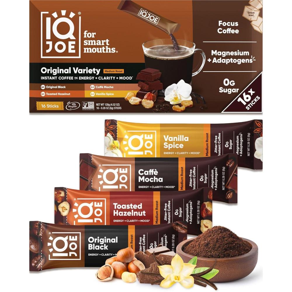 image:imageIQJOE Mushroom Coffee Packets Vanilla Spice 40 Stick Packs Lions Mane Magnesium LThreonate Adaptogens Instant Coffee for JitterFree Focus Clarity amp Energy Keto Vegan Zero SugarVariety