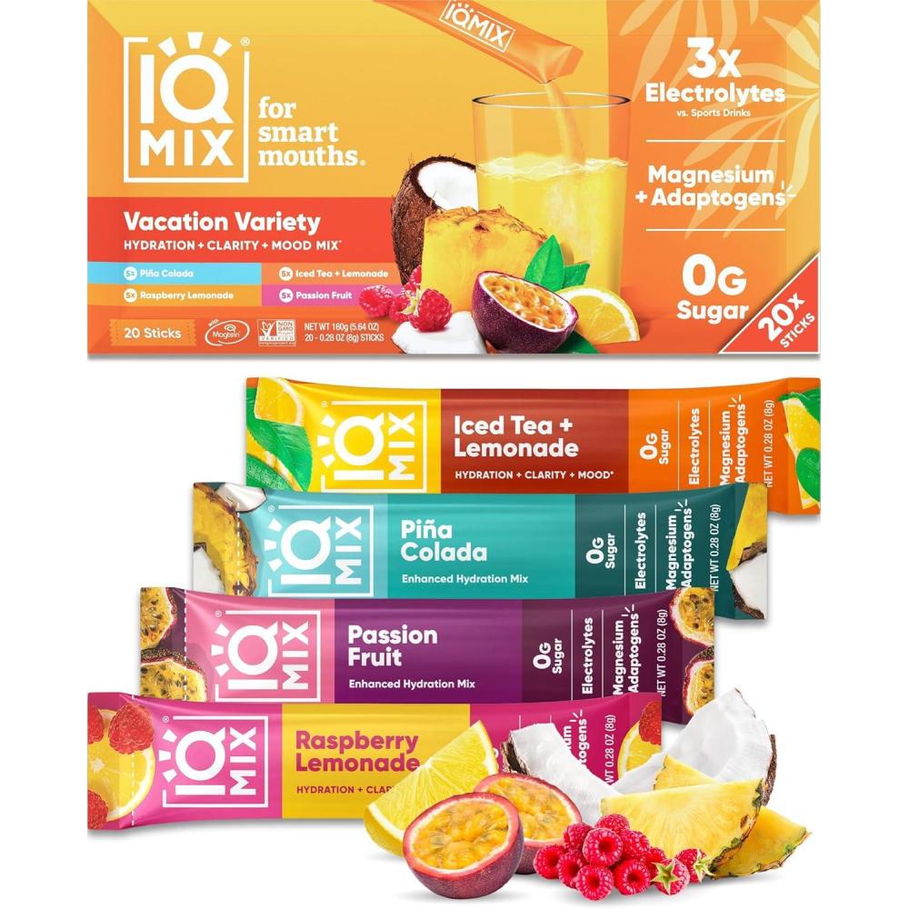 image:imageIQMIX Hydration Electrolyte Powder 4in1 Formula for Hydration Mental Clarity Mood and Recovery SugarFree Drink Mix Keto Magnesium LThreonate Lions Mane 40 Count Pia ColadaVacation Variety