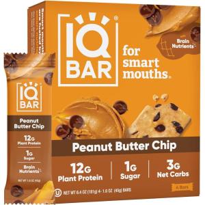 image:imageIQBAR Brain and Body Keto Protein Bars  Peanut Butter Chip Keto  4 Count Energy  Low Carb Protein  High Fiber Vegan and Low Sugar Meal Replacement  Vegan Snack