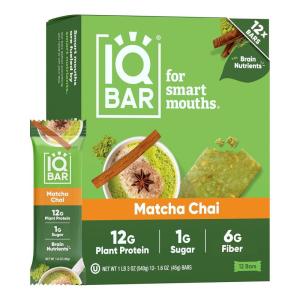 image:imageIQBAR Clean Plant Protein Bars  Chocolate Mint Chip  12 Count  Keto Vegan High Fiber Gluten and Dairy Free Low Sugar Snack  Brain and Body Nutrients for Focus Energy Meal ReplacementMatcha Chai