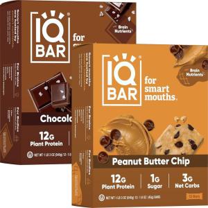 image:imageIQBAR Clean Plant Protein Bars  Chocolate Sea Salt  Peanut Butter Chip 12 Count Bundle  Keto Vegan High Fiber Gluten and Dairy Free Low Sugar Snack  Brain and Body Nutrients for Focus Energy